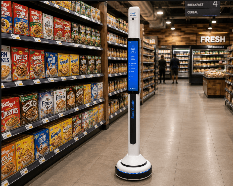 Concept of the ShelfGuide shelf-scanning robot in a grocery aisle